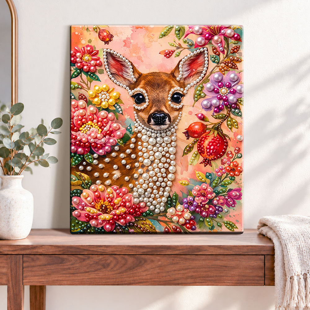 Finished floral deer charm pearl diamond painting artwork displayed as home decor