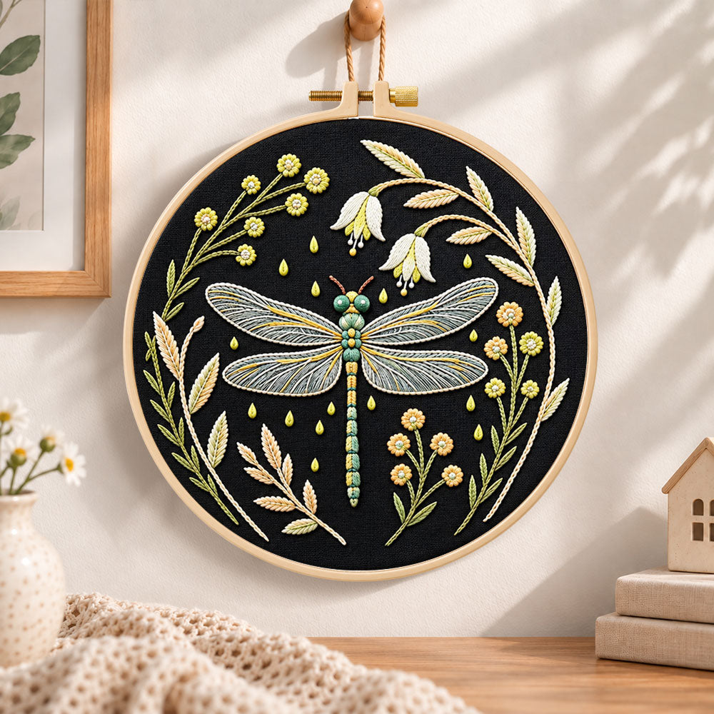 Floral dragonfly embroidery hoop wall art displayed as warm and cosy handmade home decor