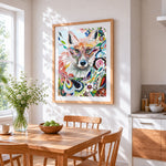 Floral fox cross stitch artwork displayed on wall as home decor
