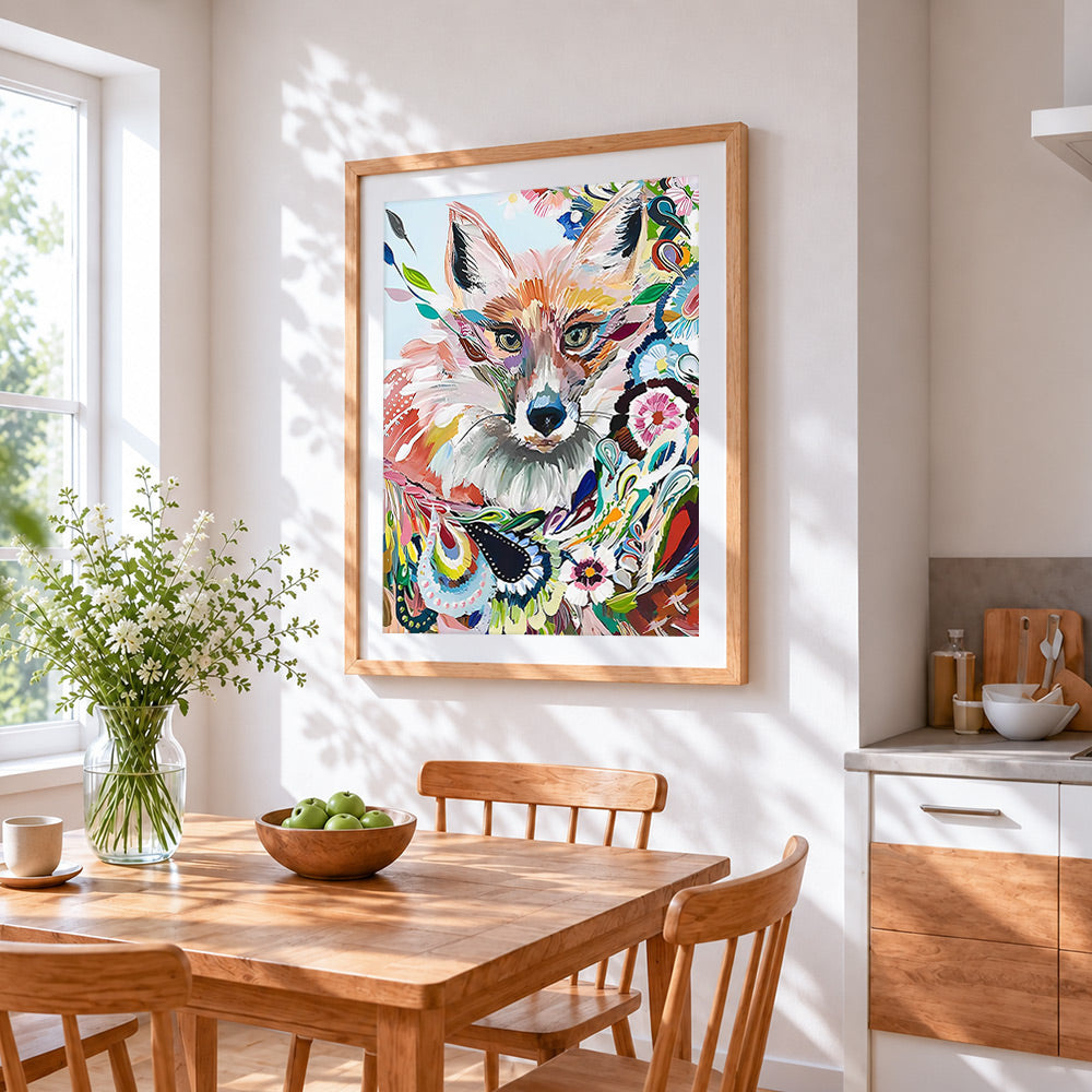 Floral fox cross stitch artwork displayed on wall as home decor