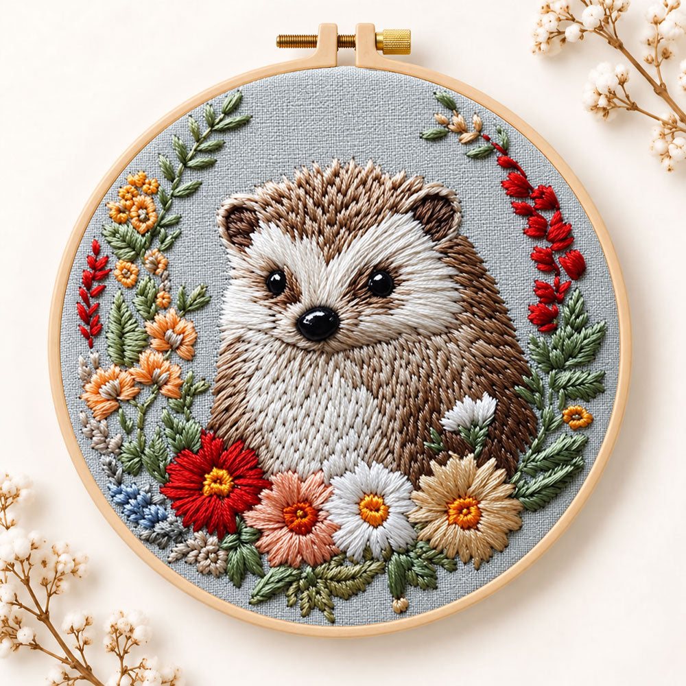 Floral framed hedgehog embroidery kit