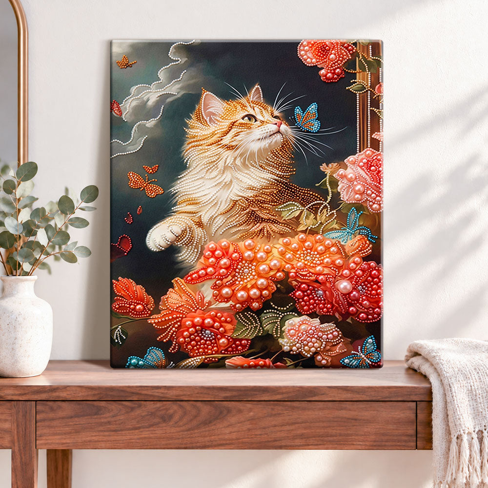 Finished floral ginger cat pearl diamond painting artwork displayed as home decor