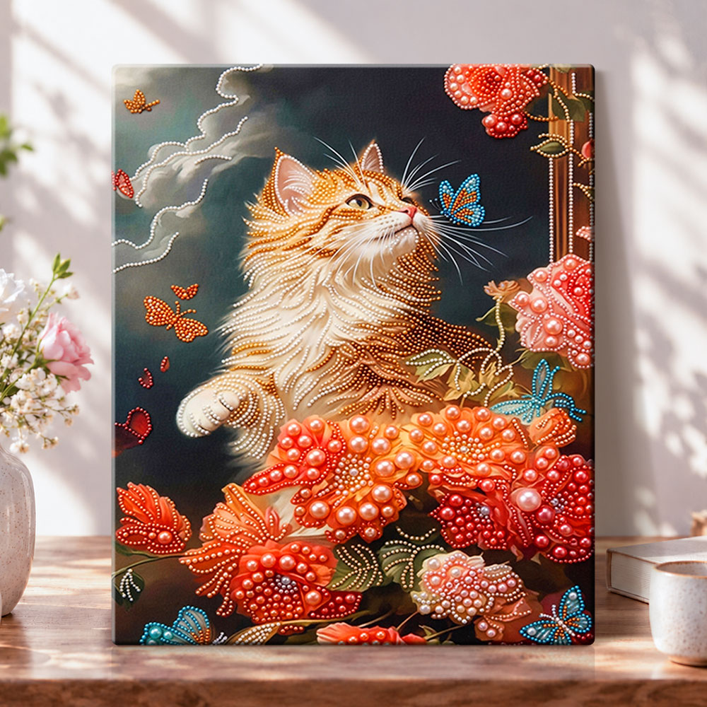 Floral ginger cat pearl diamond painting kit for beginners