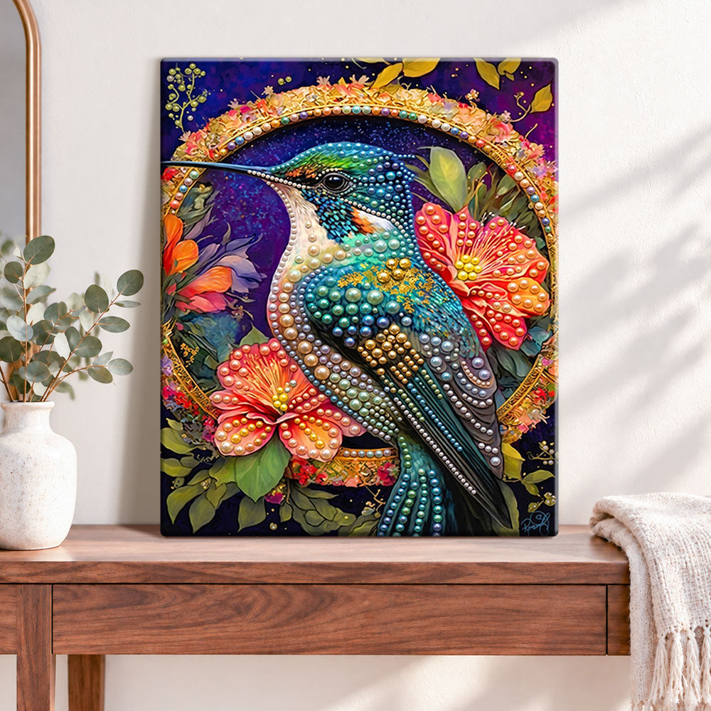 Finished floral hummingbird pearl diamond painting artwork displayed as home decor