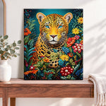 Finished floral jungle jaguar pearl diamond painting artwork displayed as home decor