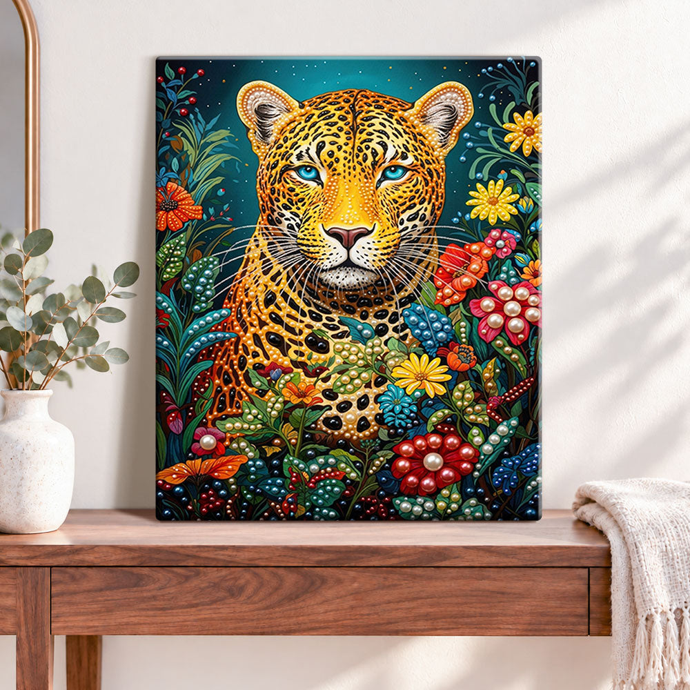 Finished floral jungle jaguar pearl diamond painting artwork displayed as home decor