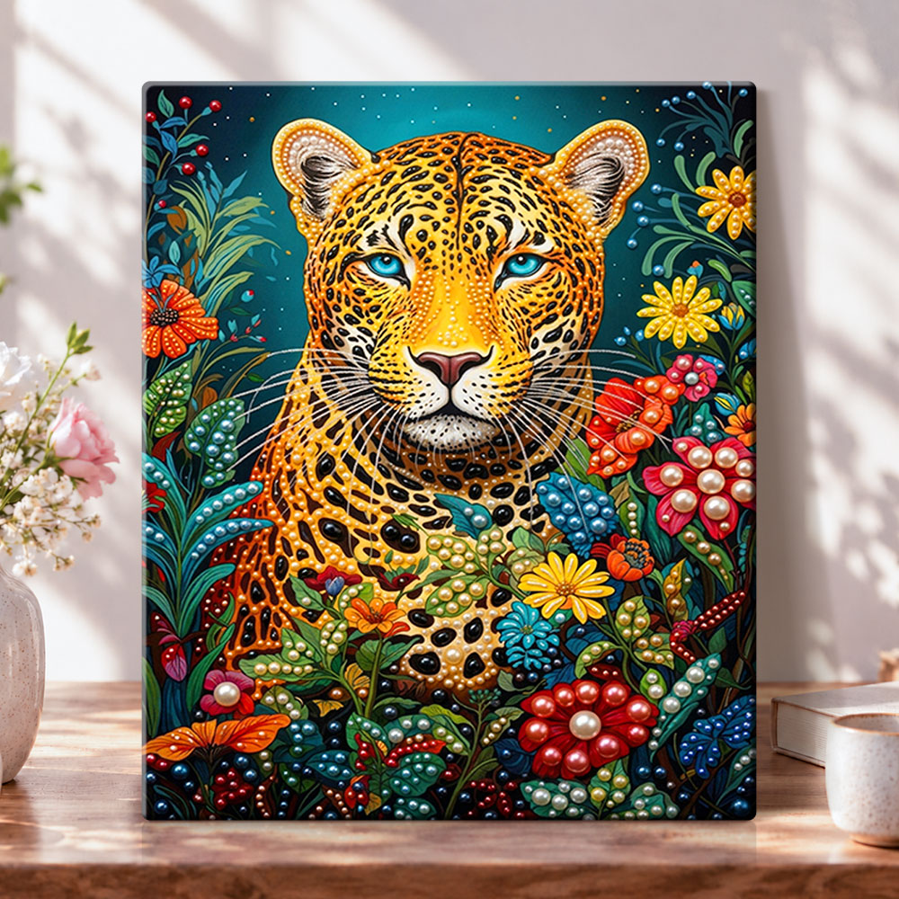Floral jungle jaguar pearl diamond painting kit for beginners