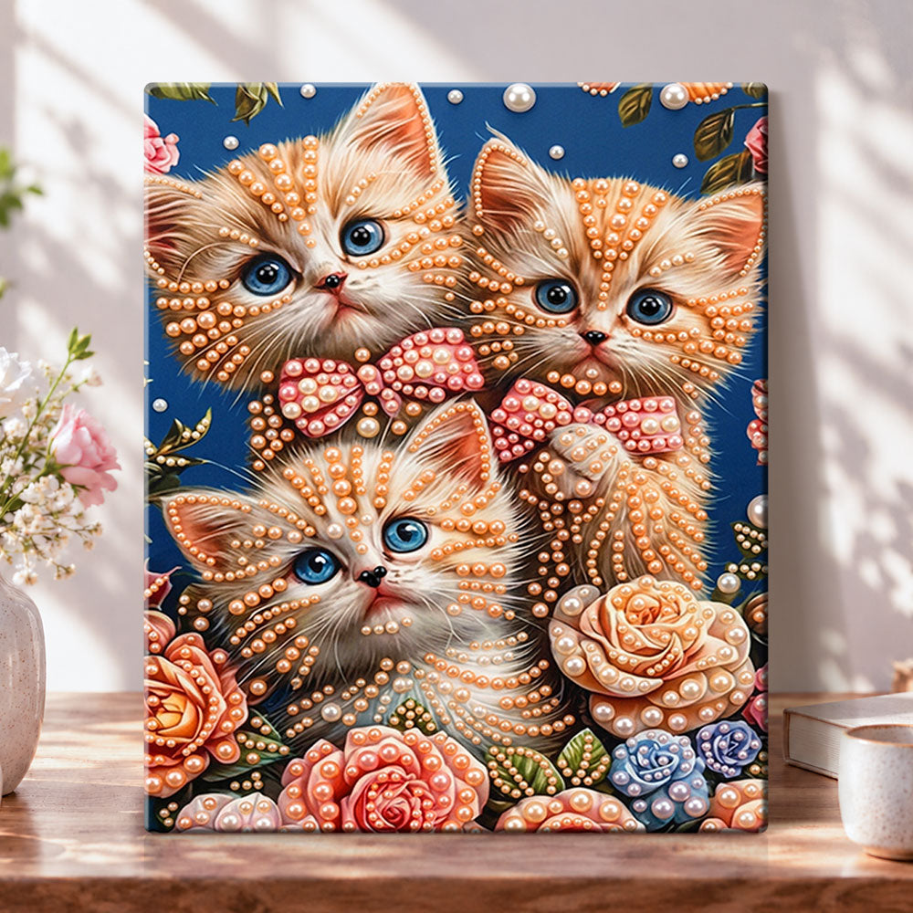 Floral kitten trio pearl diamond painting kit for beginners