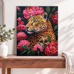 Finished floral leopard portrait pearl diamond painting artwork displayed as home decor