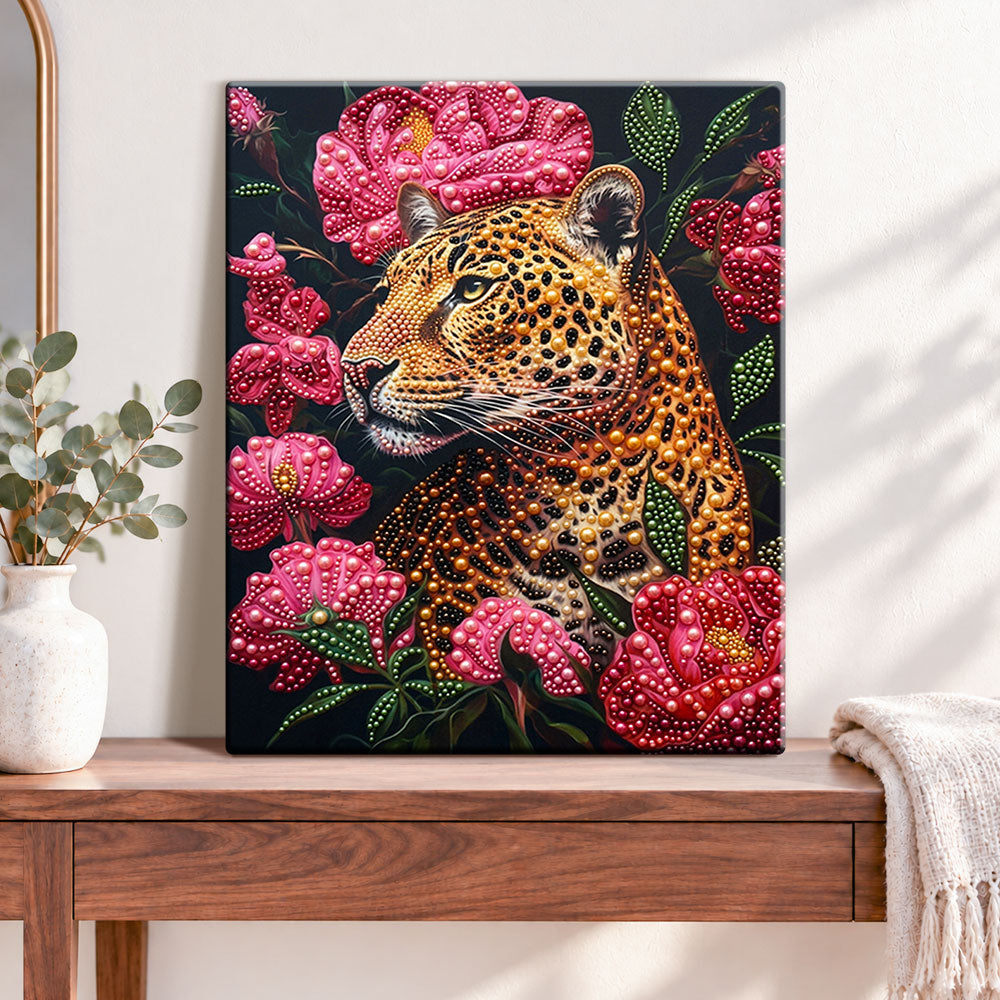 Finished floral leopard portrait pearl diamond painting artwork displayed as home decor