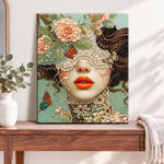Finished floral masked beauty pearl diamond painting artwork displayed as home decor