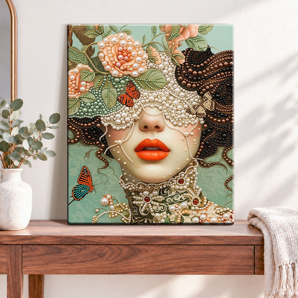 Finished floral masked beauty pearl diamond painting artwork displayed as home decor