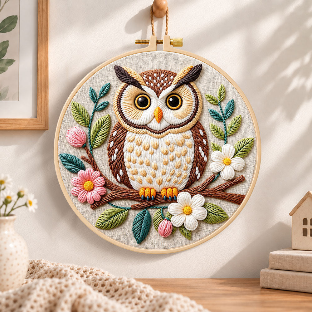 Floral owl on branch embroidery hoop wall art displayed as warm and cosy handmade home decor