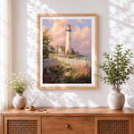 Finished floral path to the lighthouse cross stitch artwork displayed