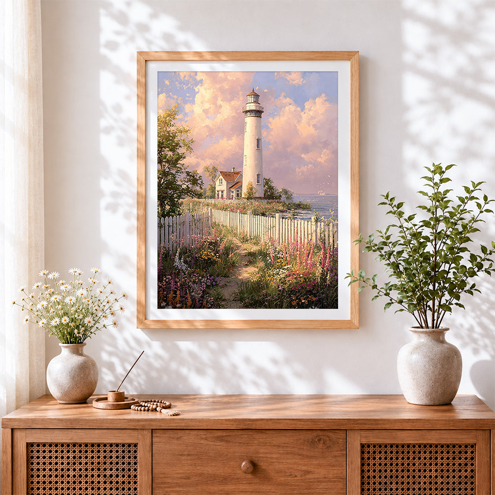 Finished floral path to the lighthouse cross stitch artwork displayed
