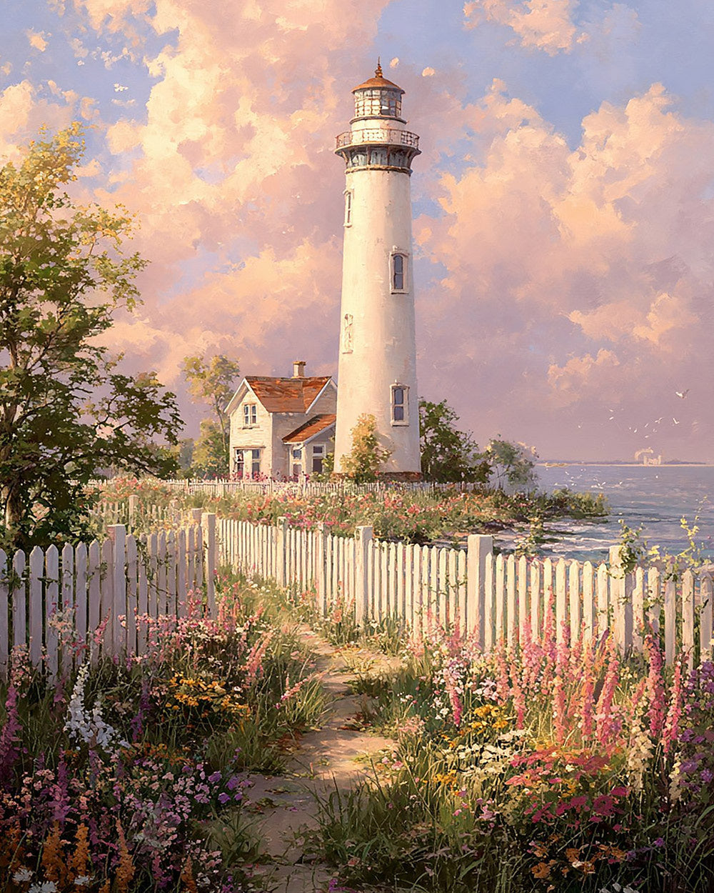 Floral path to the lighthouse cross stitch kit for beginners