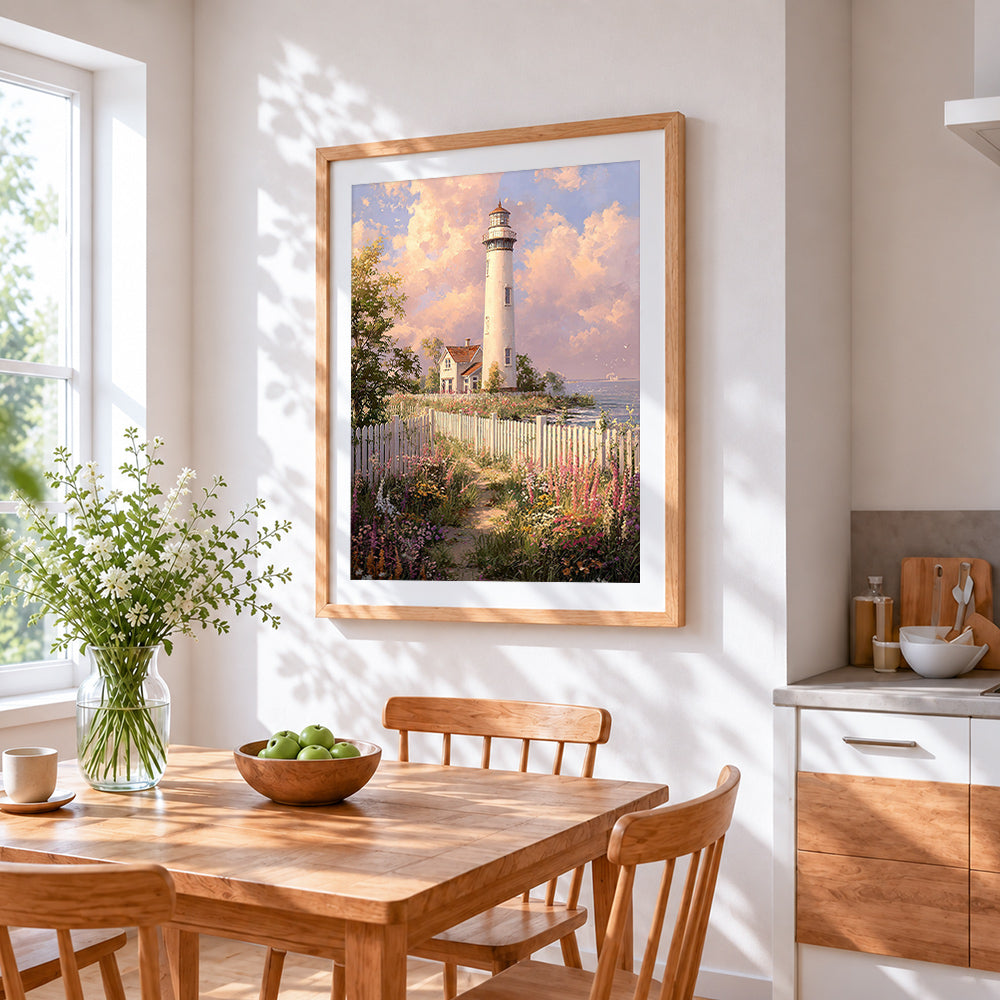 Floral path to the lighthouse cross stitch artwork displayed on wall as home decor