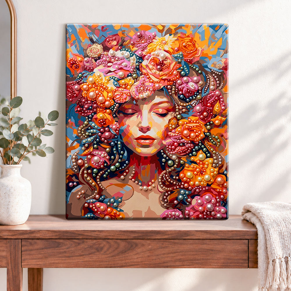 Finished floral pearl dream pearl diamond painting artwork displayed as home decor