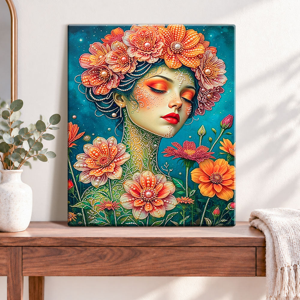 Finished floral pearl goddess pearl diamond painting artwork displayed as home decor