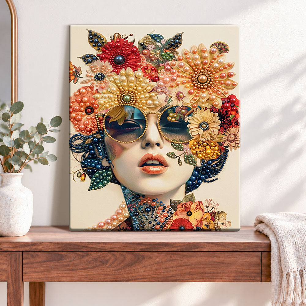 Finished floral pearl portrait pearl diamond painting artwork displayed as home decor