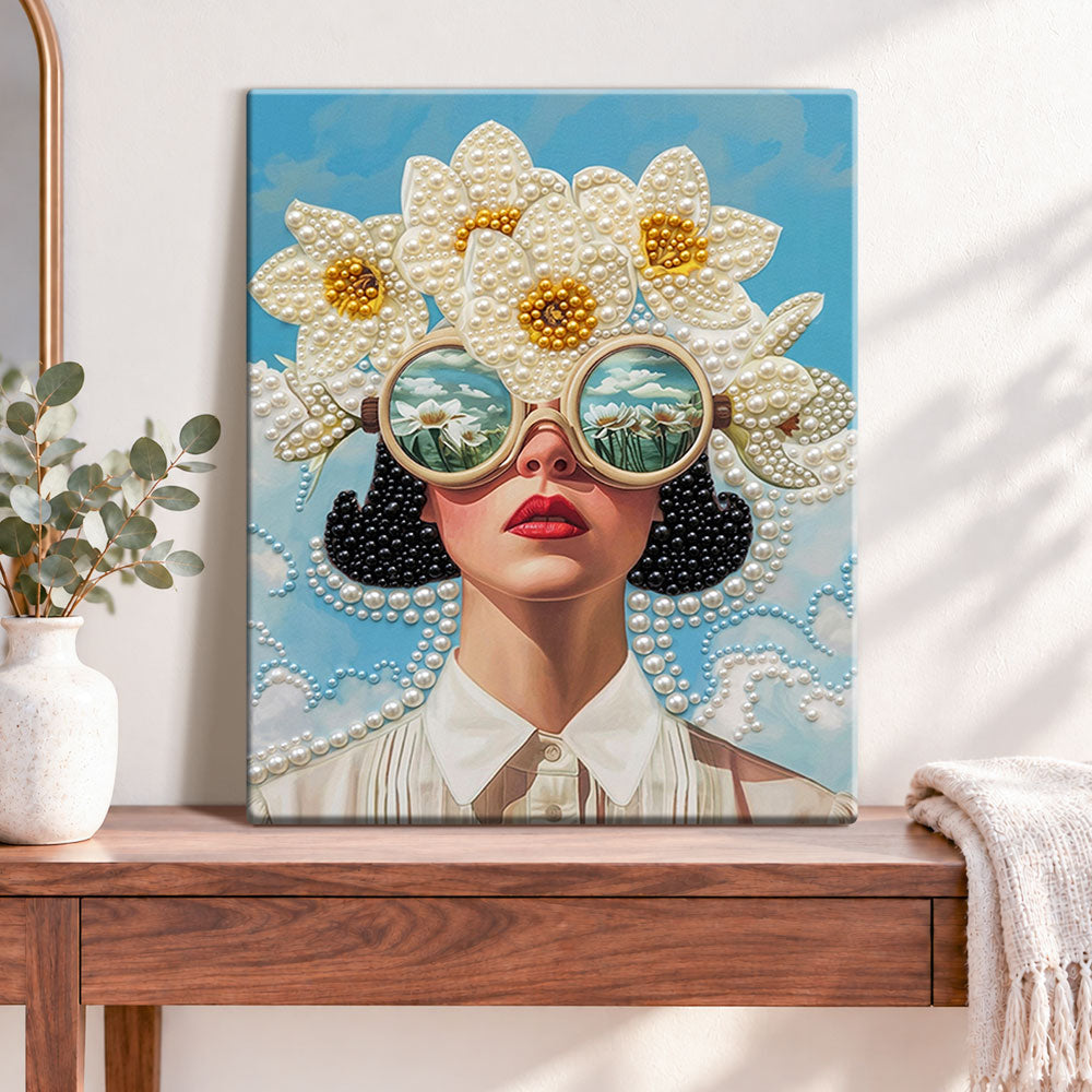 Finished floral retro portrait pearl diamond painting artwork displayed as home decor