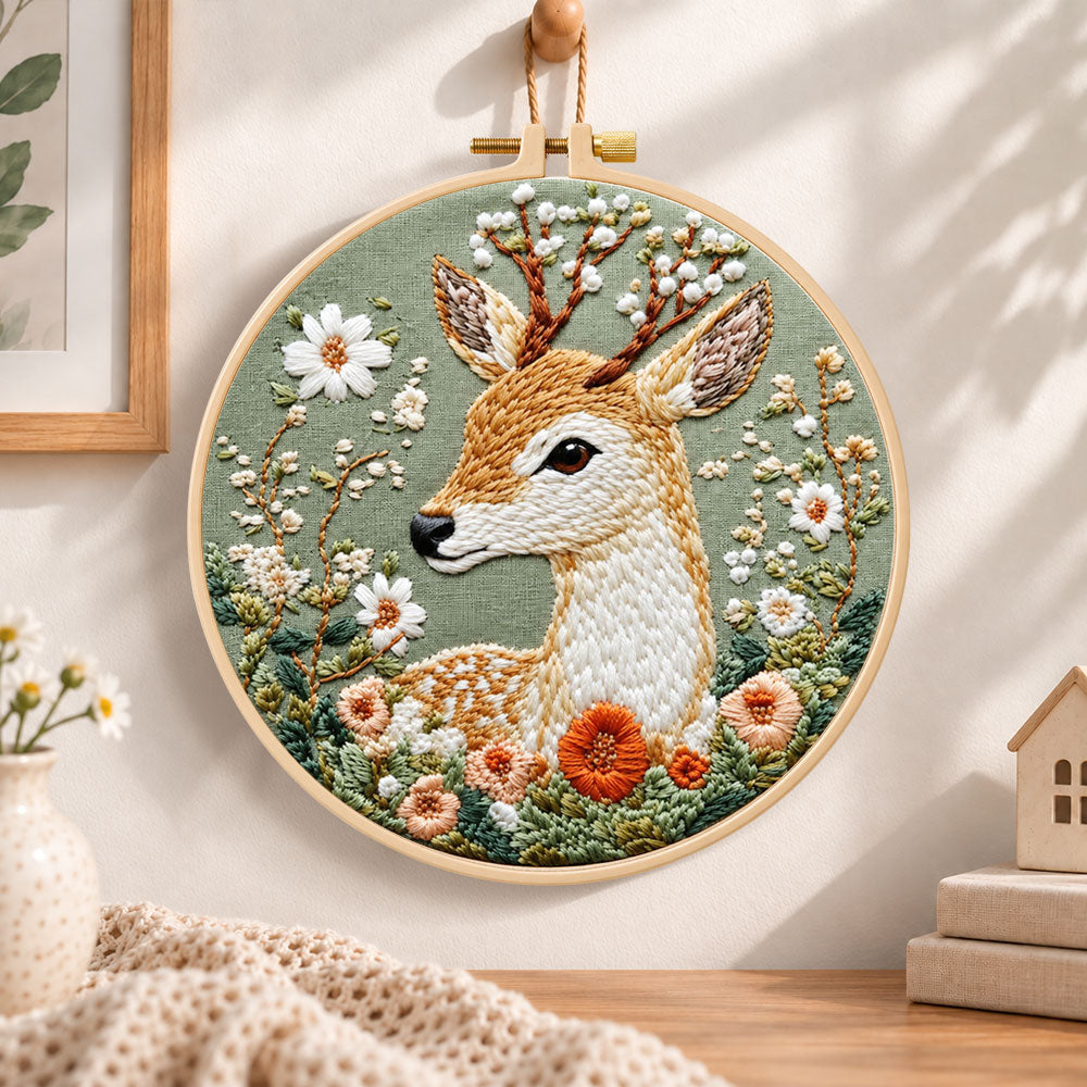 Floral sika deer embroidery hoop wall art displayed as warm and cosy handmade home decor