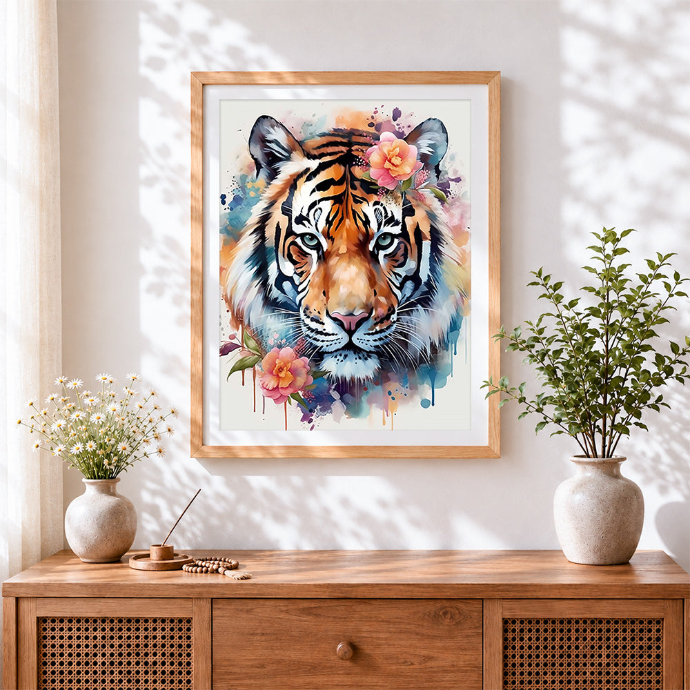 Finished floral watercolour tiger cross stitch artwork displayed