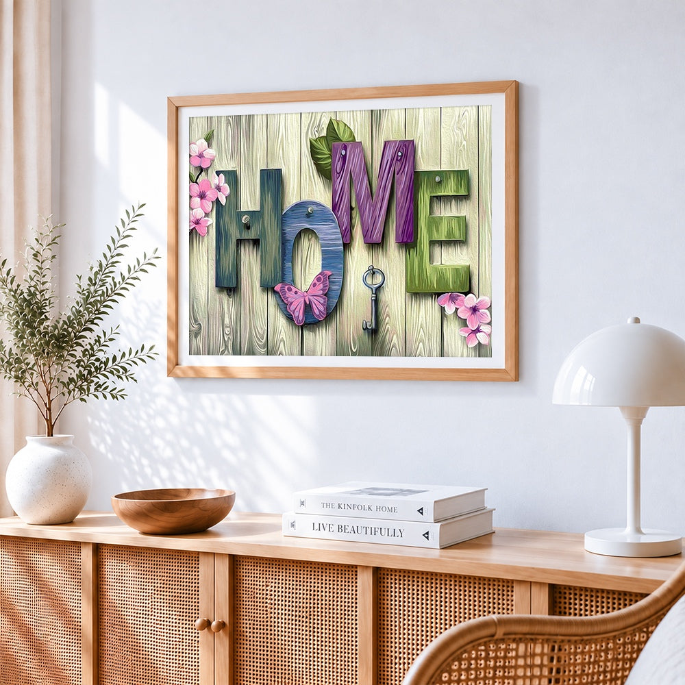 Floral wooden home sign cross stitch artwork displayed on wall as home decor