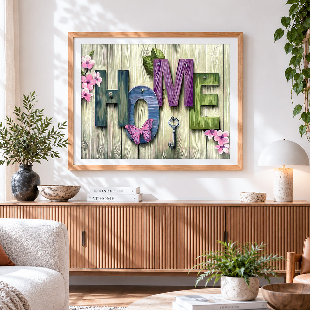 Finished floral wooden home sign paint by numbers artwork displayed as home decor