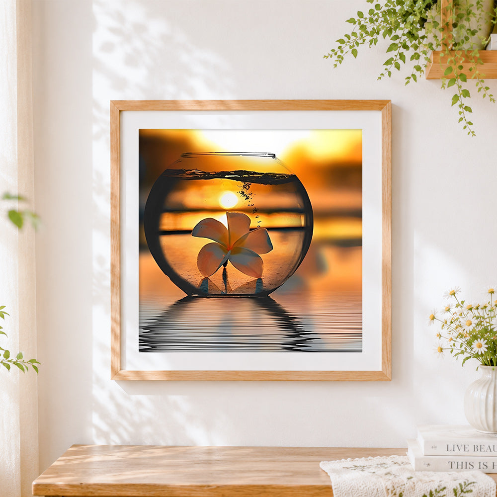 Finished flower in glass sunset cross stitch artwork displayed