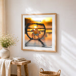Flower in glass sunset cross stitch artwork displayed on wall as home decor