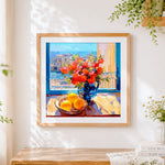Finished flowers and lemons on a windowsill cross stitch artwork displayed