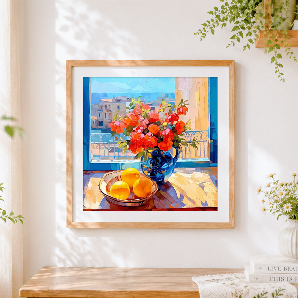 Finished flowers and lemons on a windowsill cross stitch artwork displayed