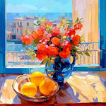 Flowers and lemons on a windowsill cross stitch kit for beginners