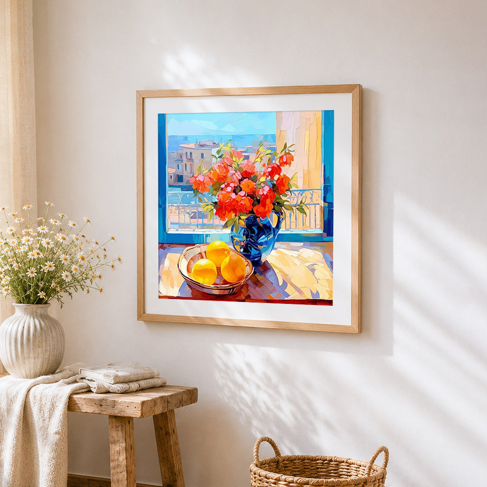 Flowers and lemons on a windowsill cross stitch artwork displayed on wall as home decor