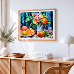 Flowers and oranges cross stitch artwork displayed on wall as home decor