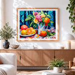 Finished flowers and oranges paint by numbers artwork displayed as home decor