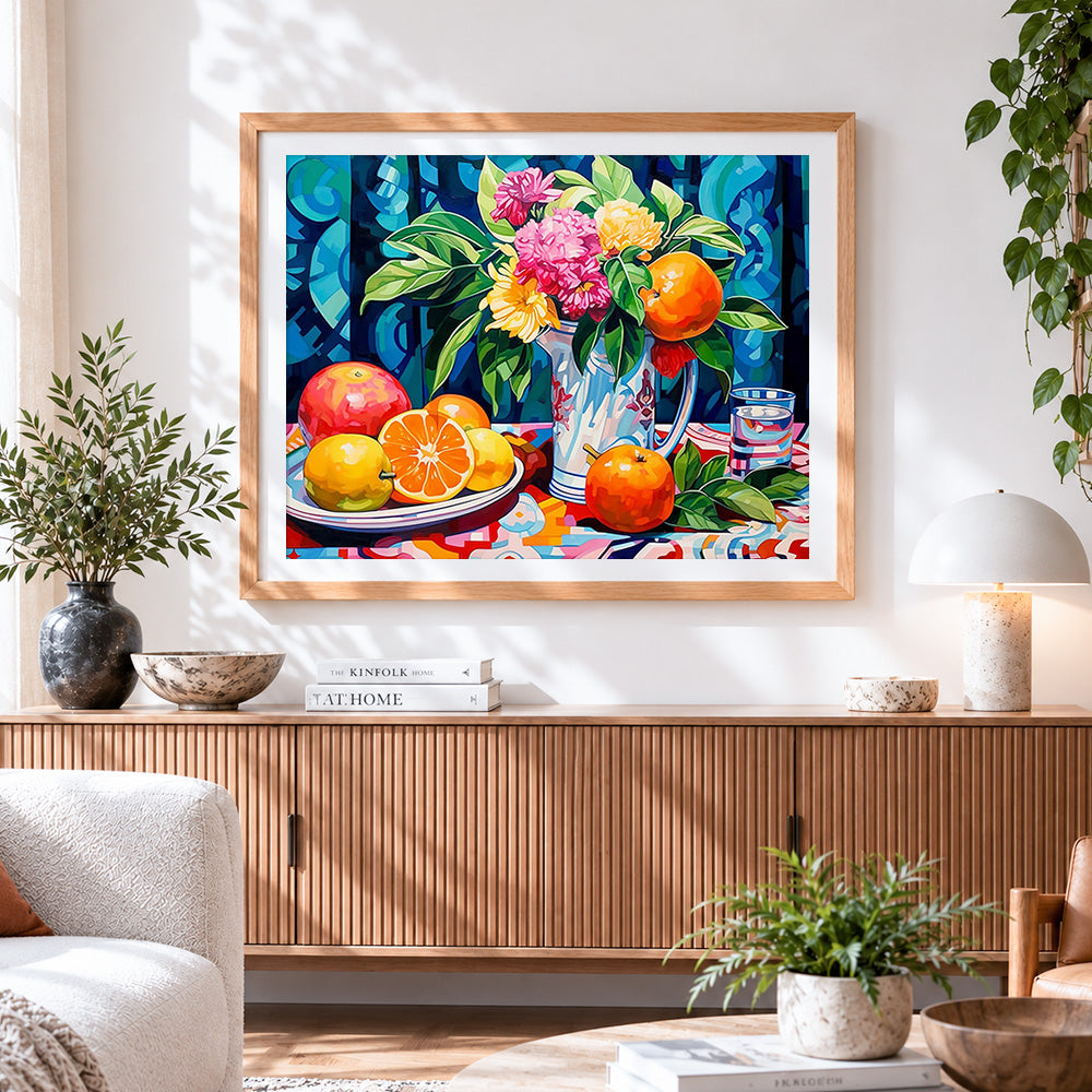 Finished flowers and oranges paint by numbers artwork displayed as home decor