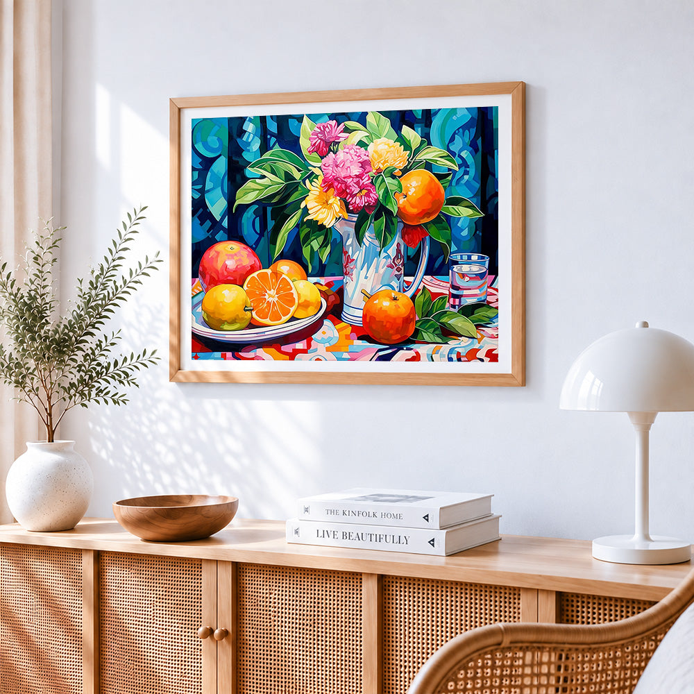 Flowers and oranges paint by numbers artwork displayed on wall as home decor