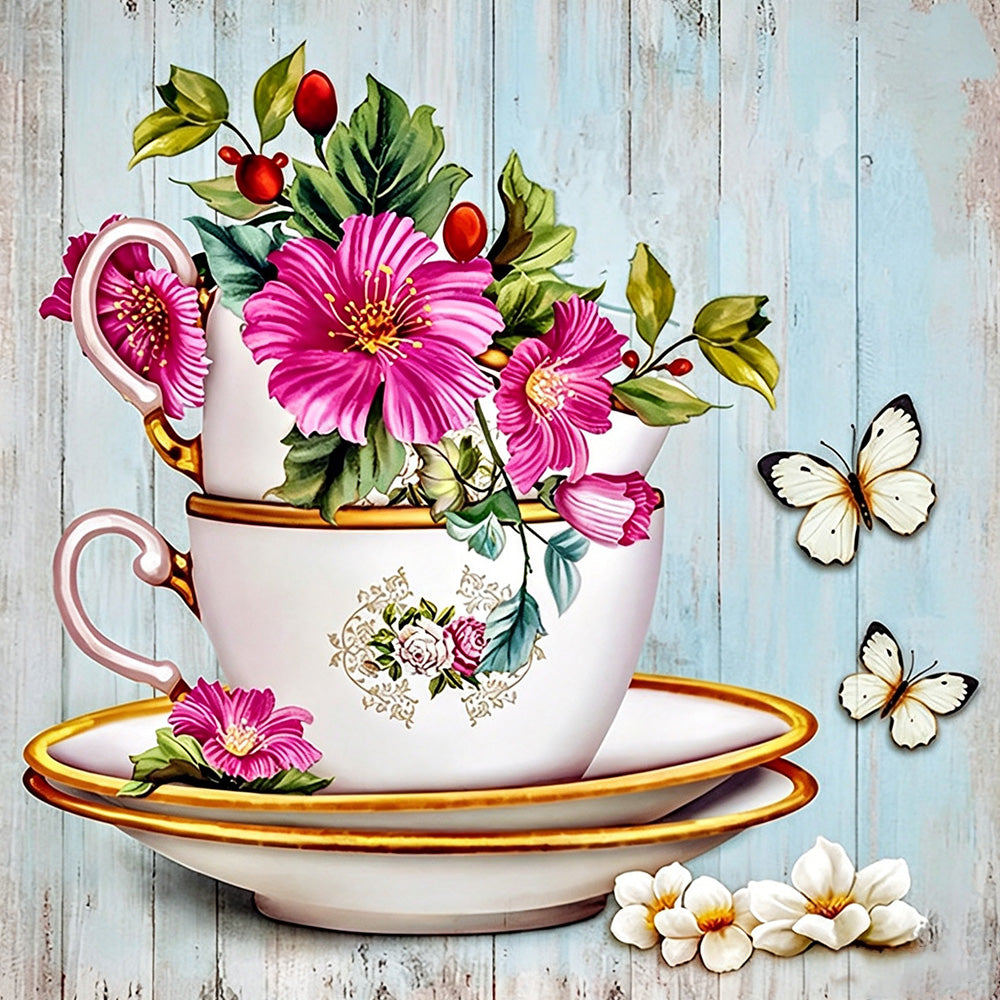 Flowers in a vintage teacup with butterflies cross stitch kit for beginners