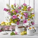 Flowers in a white jug with apples cross stitch kit for beginners
