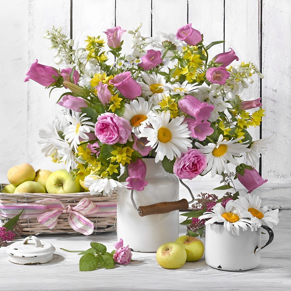 Flowers in a white jug with apples cross stitch kit for beginners