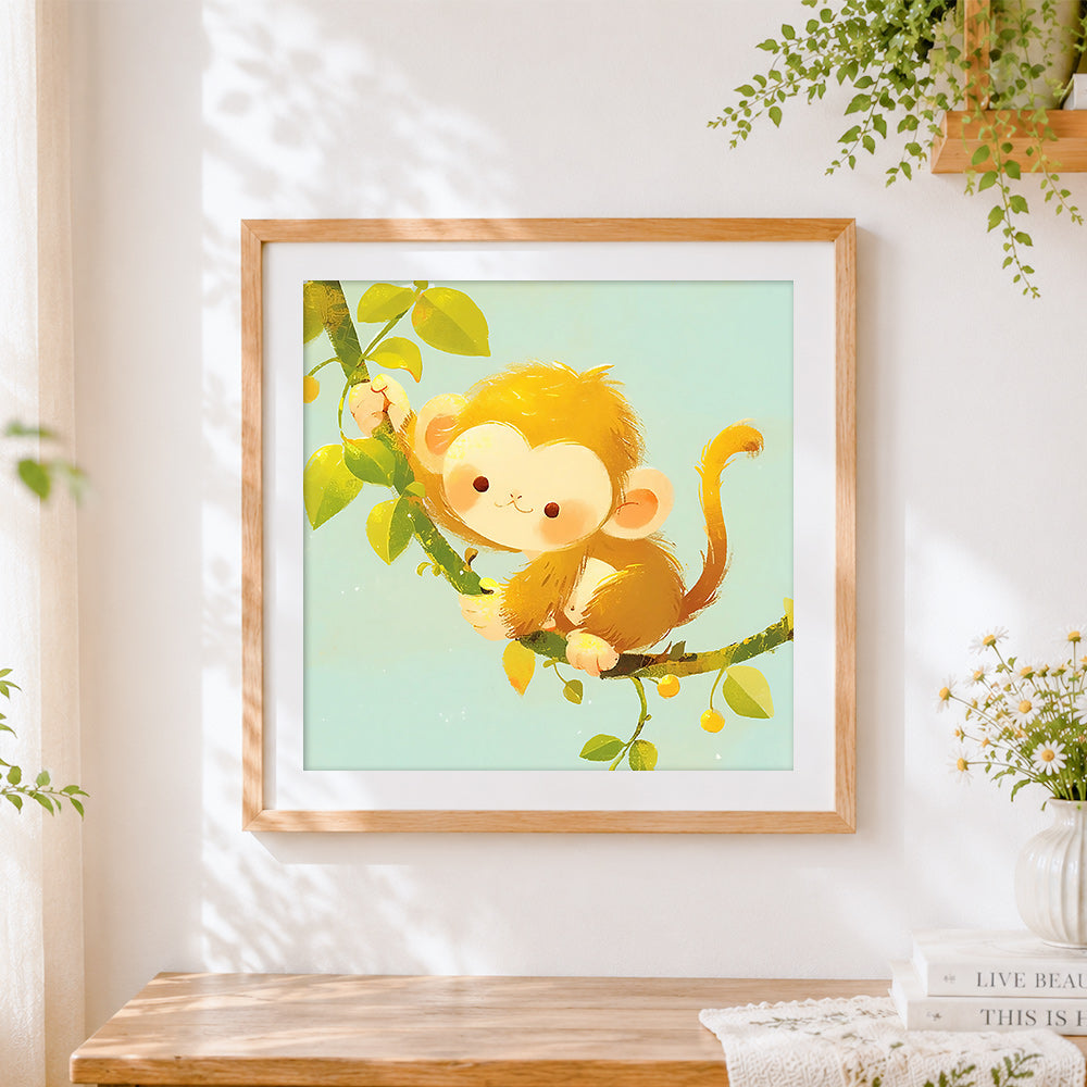 Finished fluffy baby monkey on a branch cross stitch artwork displayed