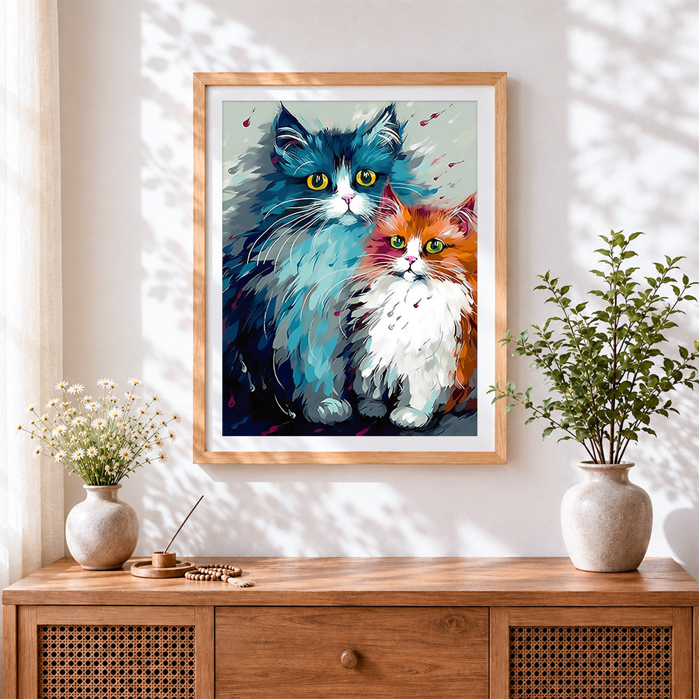 Finished fluffy blue and orange cats cross stitch artwork displayed