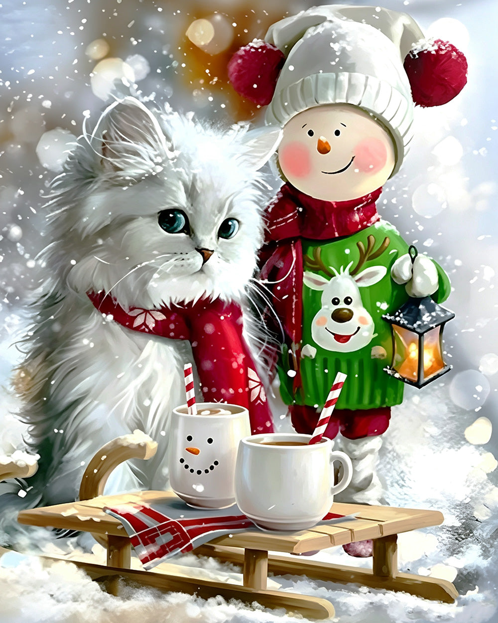 Fluffy cat and snowman with hot chocolate cross stitch kit for beginners