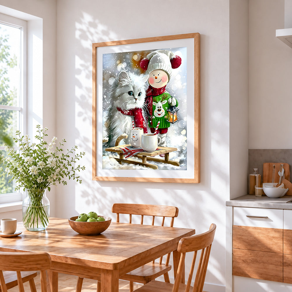 Fluffy cat and snowman with hot chocolate cross stitch artwork displayed on wall as home decor