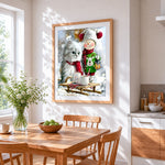 Fluffy cat and snowman with hot chocolate cross stitch artwork displayed on wall as home decor