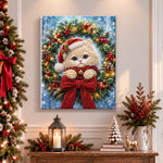 Finished fluffy kitten in christmas wreath pearl diamond painting artwork displayed as holiday home decor
