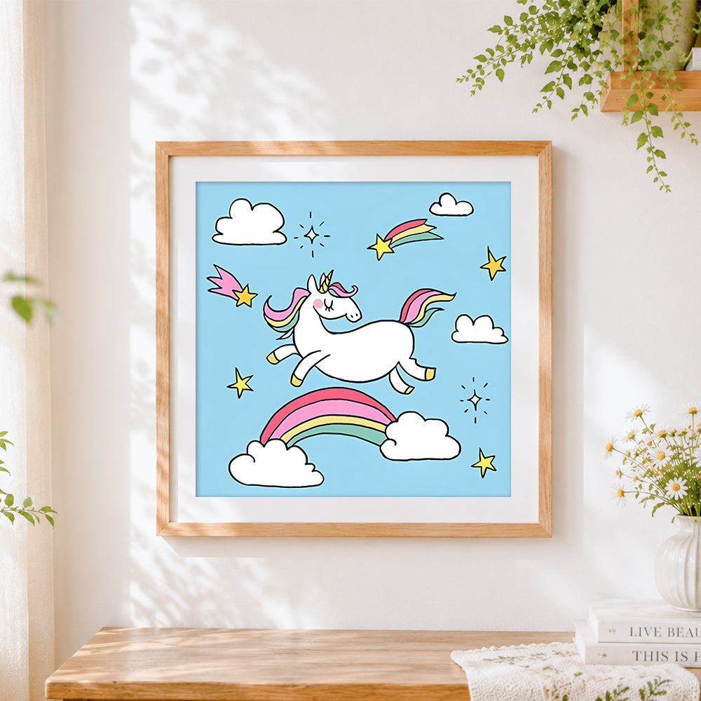 Finished flying unicorn with shooting stars cross stitch artwork displayed
