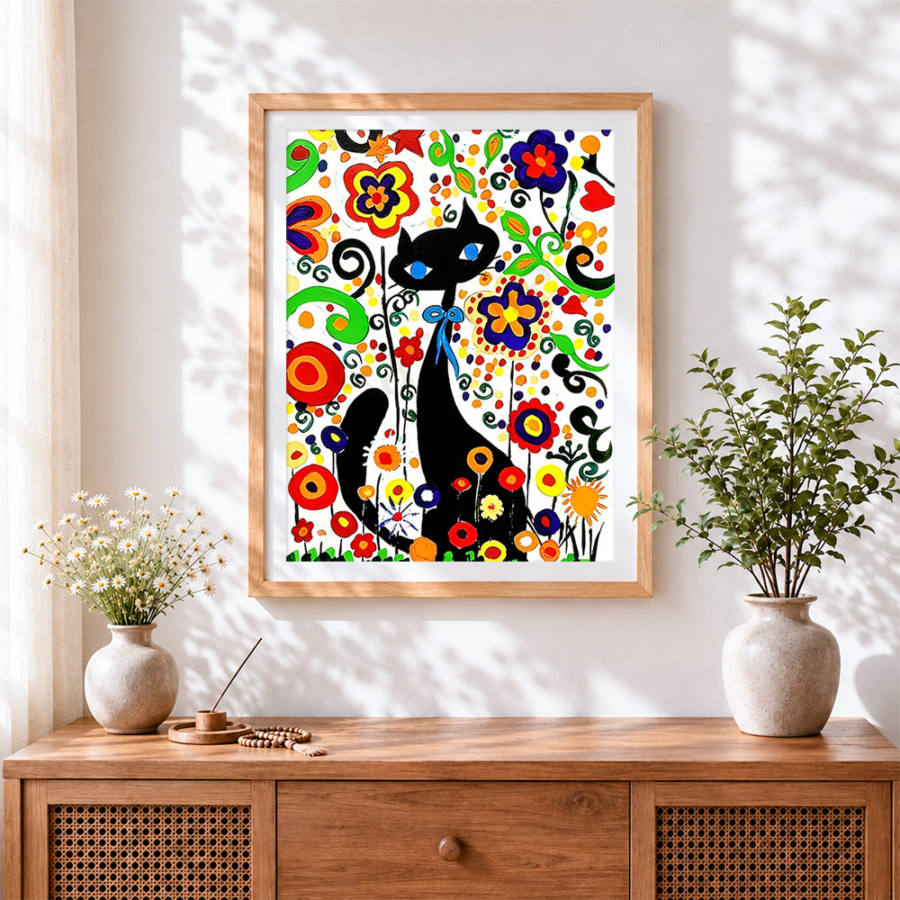 Finished folk art black cat and flowers cross stitch artwork displayed
